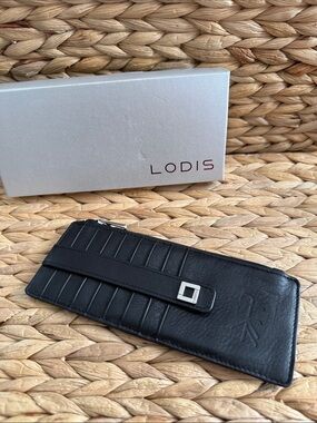Lodis Black Leather Zip Card Holder with Strap and Silver Buckle